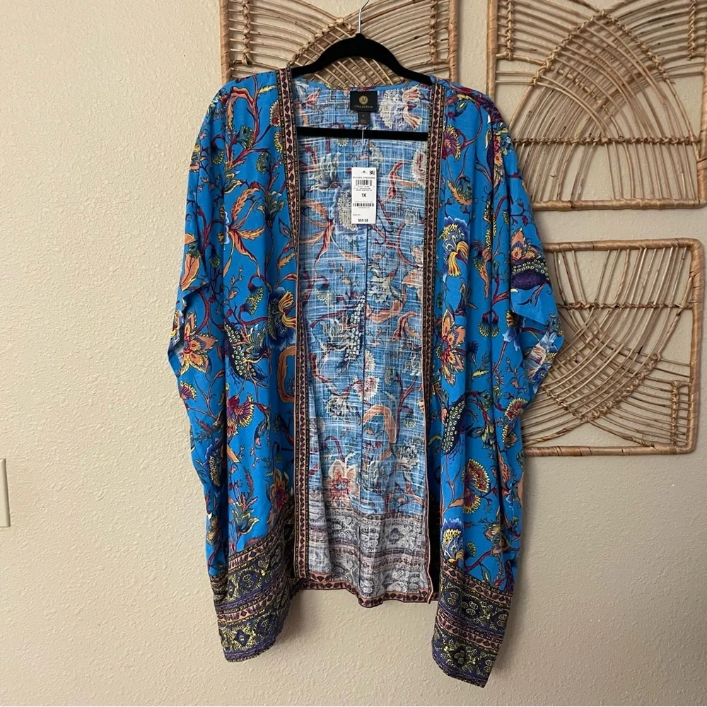 JM Collection Open Front Kimono‎ Cardigan Linen Blend Jacquard Print Sz 1X B33